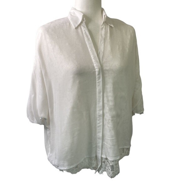 ST. STUDIO Georgette Covered Lace Badwing Button Up Cropped Shirt Short Sleeve - Picture 5 of 16